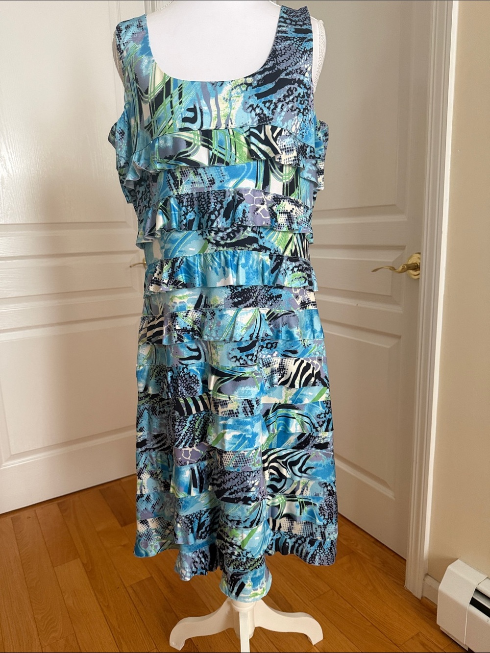 Tango Mango Sleeveless Blue Multi-Print Ruffle Dress